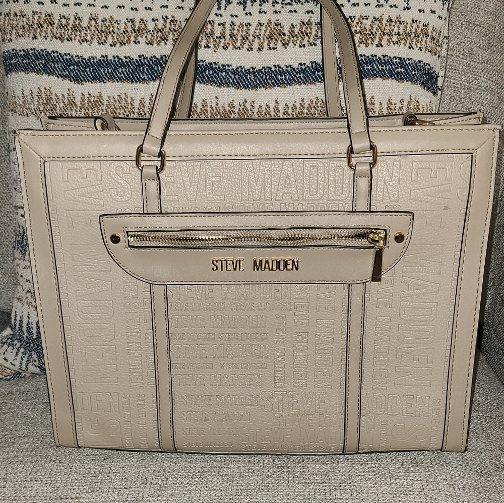 Steve Madden Taupe Embossed Logo Tote